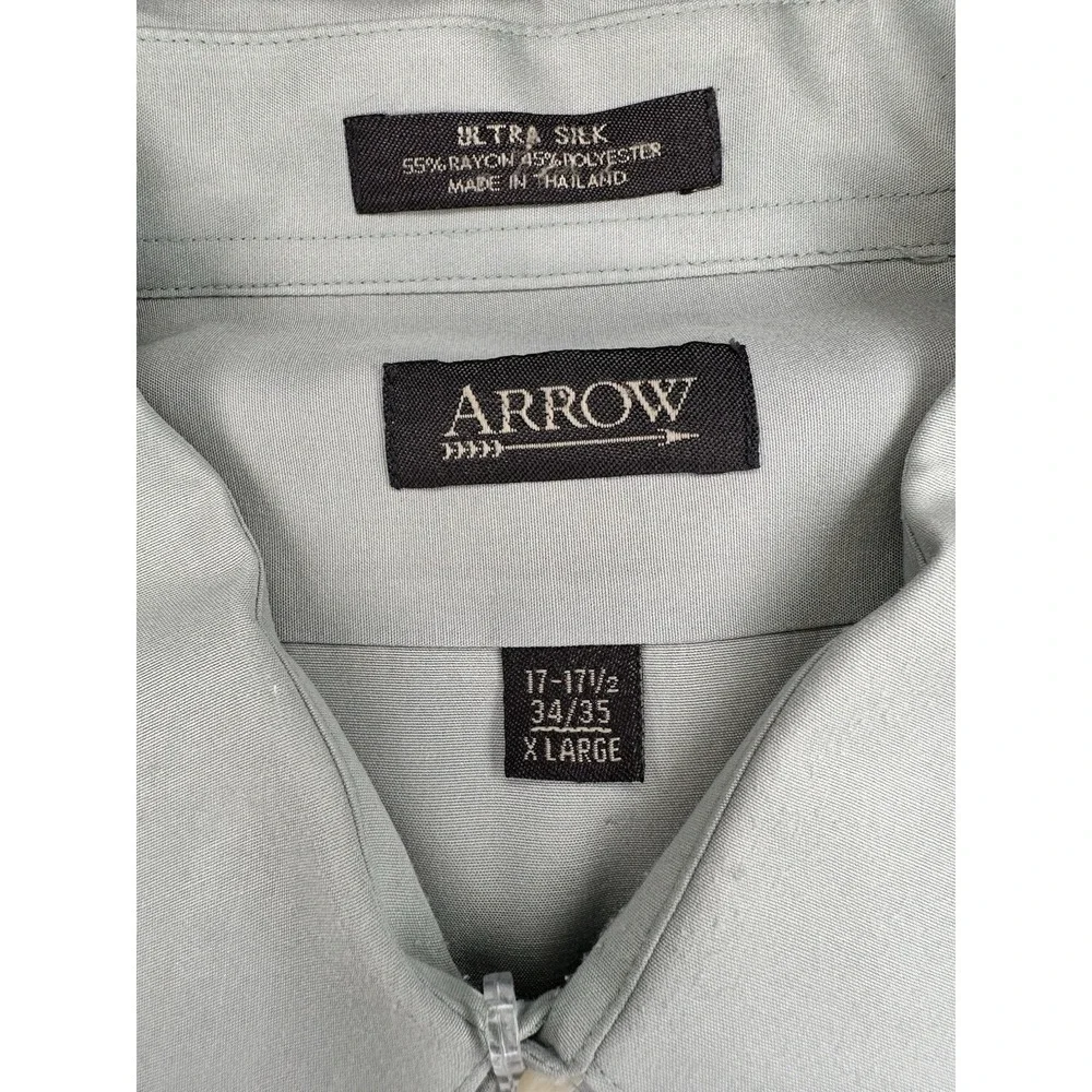 Arrow Satin Twill \Green Long Sleeve Button-Up‎ Shirt Men's XL 17 34/35 - Picture 7 of 9
